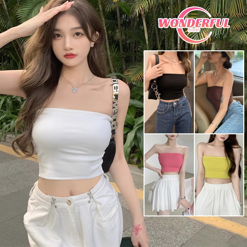 Wonderful Night🌈🌈สไตล์เกาหลี เสื้อเกาะอก เสื้อกั๊กผู้หญิง แขนกุด สไตล์ลำลอง บาง sexy crop top โชว์หลัง