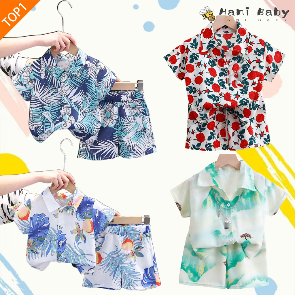 ชุดเสื้อเชิ้ตฮาวายเด็กผู้ชาย พร้อมกางเกง ลายดอกไม้/ใบไม้ สบายๆ สำหรับเด็ก ไซส์ 80-160cm
