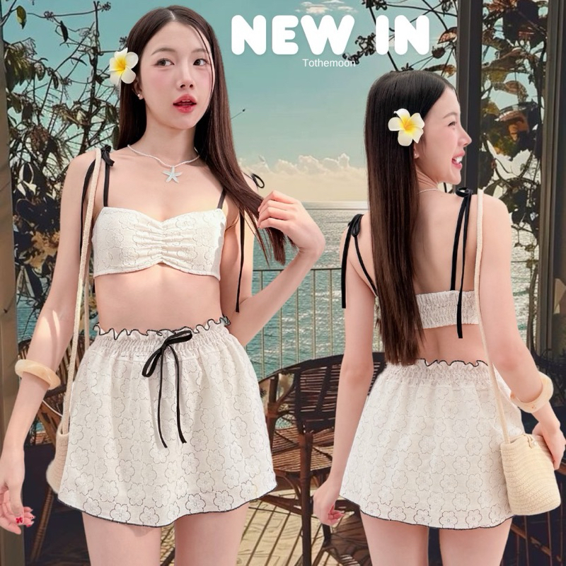 KORRA ·͜·♡กระโปรง+บราสายเดี่ยว🧜‍♀️ผ้าฉลุลายดอกผ้าดูดีมากๆแต่งกุ้นสีดำตัดกับผ้า🌻📸ใส่ไปทะเลคือจึ้งแน่นอน