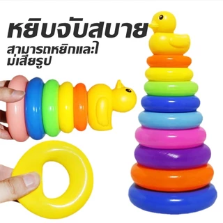 เจดีย์ไม้ มีสีสดใสและสีพาสเทล หอคอยไม้ ห่วงเรียงชั้น ของเล่นไม้สวมหลัก ของเล่นไม้ เสริมพัฒนาการเด็ก