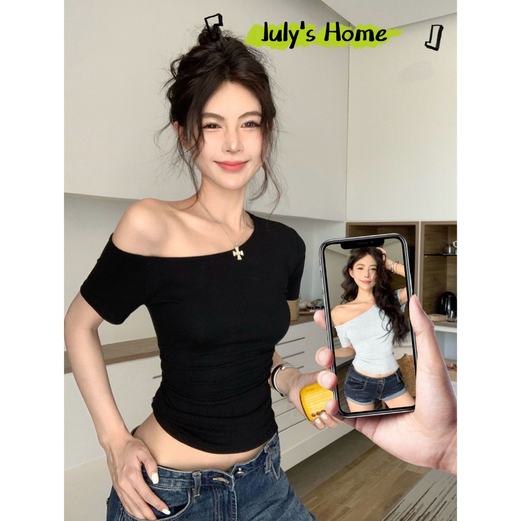 เสื้อยืดลำลอง เสื้อครอป เรียบง่าย โชว์หุ่น เซ็กซี่#J2303