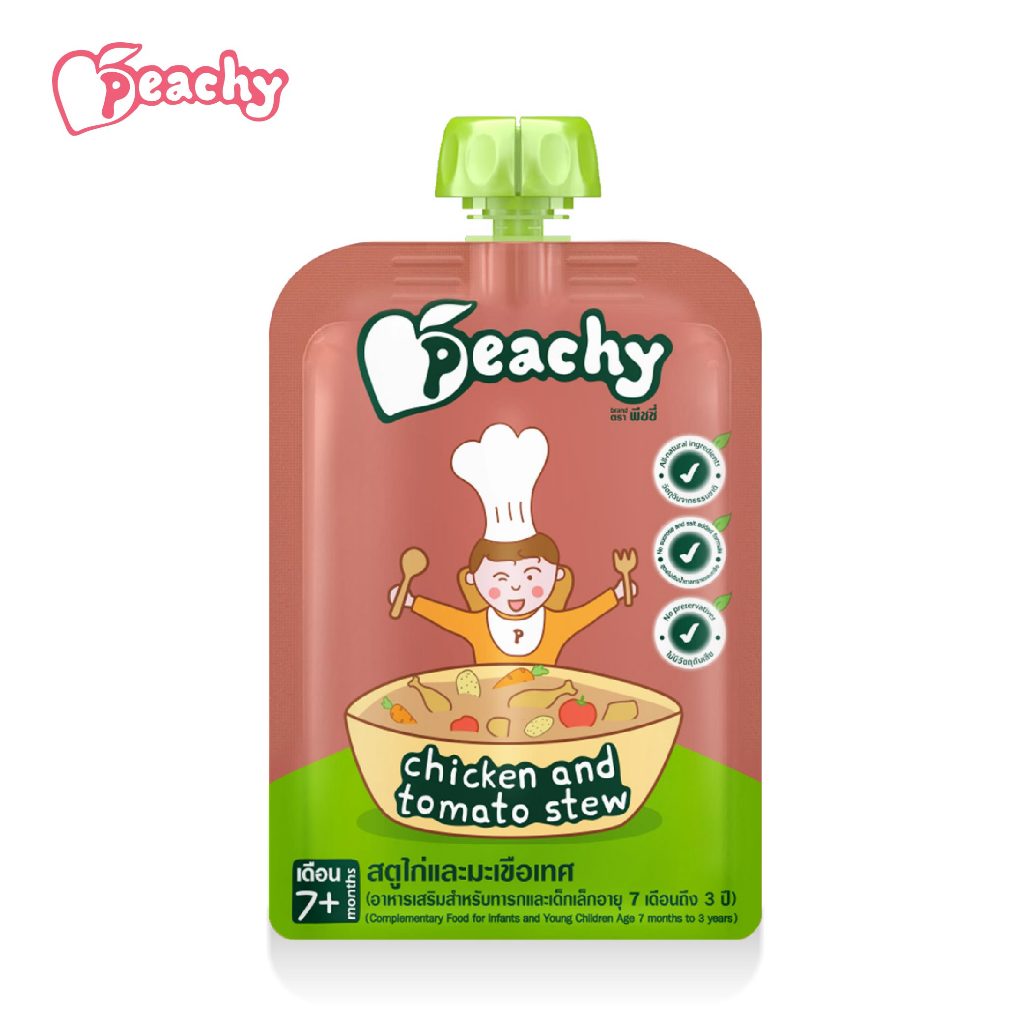Peachy อาหารเสริมสำหรับเด็ก รสสตูไก่และมะเขือเทศ 1 ถุง (R11)