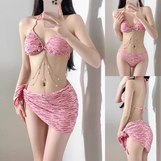 ชุดว่ายน้ําบิกินี่ ชุดว่ายน้ำเซ็กซี่ 3ชิ้น ประดับด้วยโซ่ แฟชั่นชุดว่ายน้ำชายหาด มีฟองน้ำ#LT