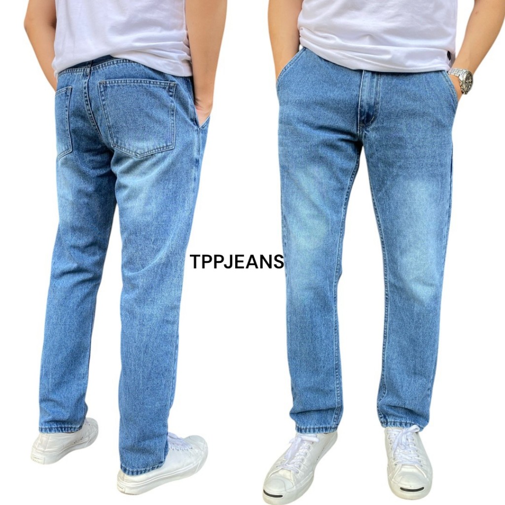 JEANSEXPRESS Slim-Fit Denim กางเกงยีนส์ทรงกระบอกเล็กชาย สีบลูยีนส์ฟอก กระเป๋าเฉียง ฟอกนิ่ม ใส่สบาย เป้าซิป Size28-36