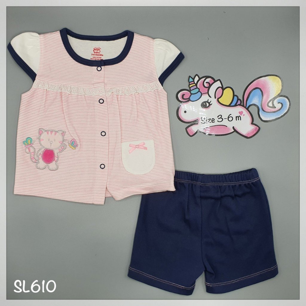 เสื้อและกางเกง สำหรับเด็กหญิงวัย 3-6 เดือน  สีชมพูและกรม ลายขวาง SL610