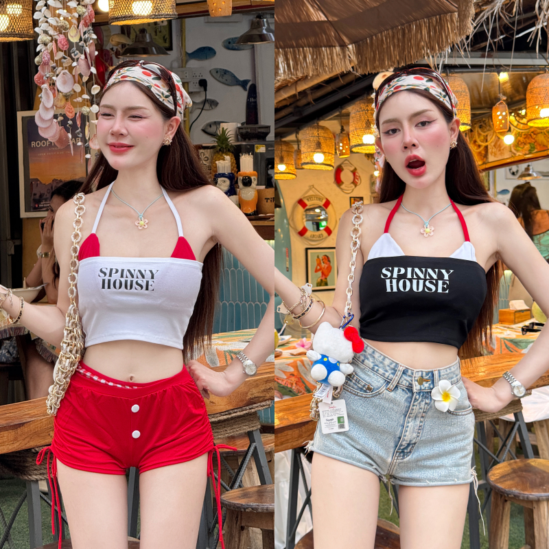 🌈SpinnyHouse🌈ชุดเล่นน้ำสงกรานต์ 💦 เสื้อบิกีนี่ไม่มีฟอง เสื้อเกาะอกสกรีนลาย รุ่น บิกีนี่ทูโทน+เกาะอกยูนิSPINNY
