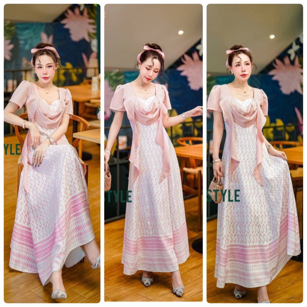 SS - 🔖🔖MT style งานเดรสสวยอลังการมากกกกสวยๆ ชุดไทยประยุกต์ เดรสผ้าไทยลายตะขอสีชมพู แต่งระบายยาว สวยหรูมากๆๆๆ ทำบุ
