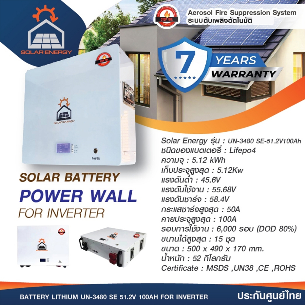 SOLAR ENERGY BATTERY Lifepo4 LITHIUM UN-3480 SE 51.2V 100AH FOR INVERTER มีระบบดับเพลิง ประกันเป็น 7