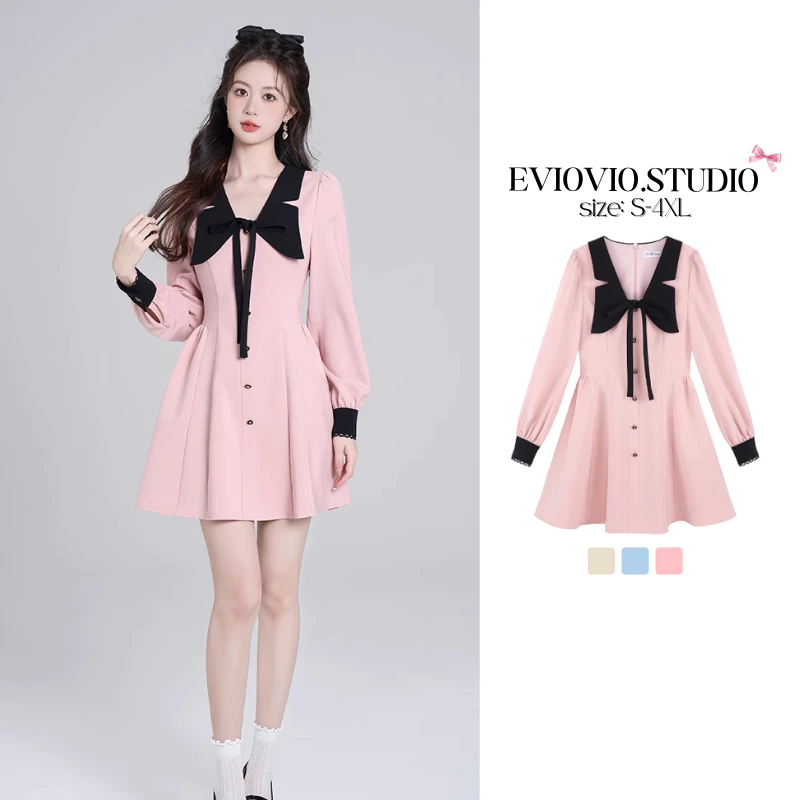 【EVIOVIO 】S-4XL เดรสแขนยาวคอปกตุ๊กตา หวานน่ารัก สไตล์ฝรั่งเศส ทรงเอ เอวเข้ารูป เดรสสาวอวบ พลัสไซซ์
