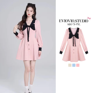 【EVIOVIO 】S-4XL เดรสแขนยาวคอปกตุ๊กตา หวานน่ารัก สไตล์ฝรั่งเศส ทรงเอ เอวเข้ารูป เดรสสาวอวบ พลัสไซซ์