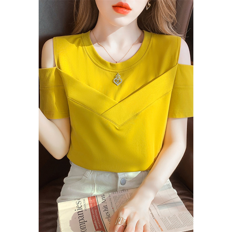 เสื้อยืดแขนสั้นเปิดไหล่แฟชั่นสำหรับผู้หญิง สีพื้น สไตล์ตะวันตก เสื้อเชิ้ตทรงสลิมฟิต แขนสั้น เทรนด์ปี - รูปที่ 5