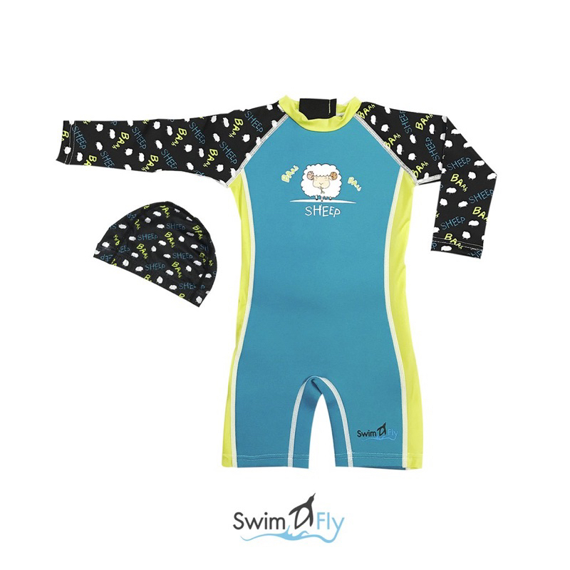 ชุดว่ายน้ำเด็กรักษาอุณหภูมิ แบบแขนยาว+หมวกว่ายน้ำ swimfly