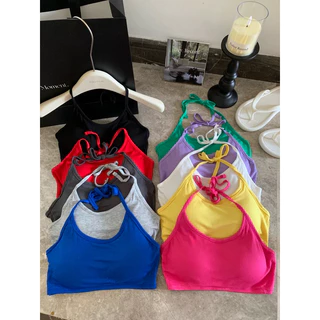 Bentoy(bra6876)เสื้อครอป สายเดี่ยวมีฟองน้ำในตัว ดีเทลสายห้อยคอ สีสั่นสดใส น่ารักมาก ผ้านิ่ม