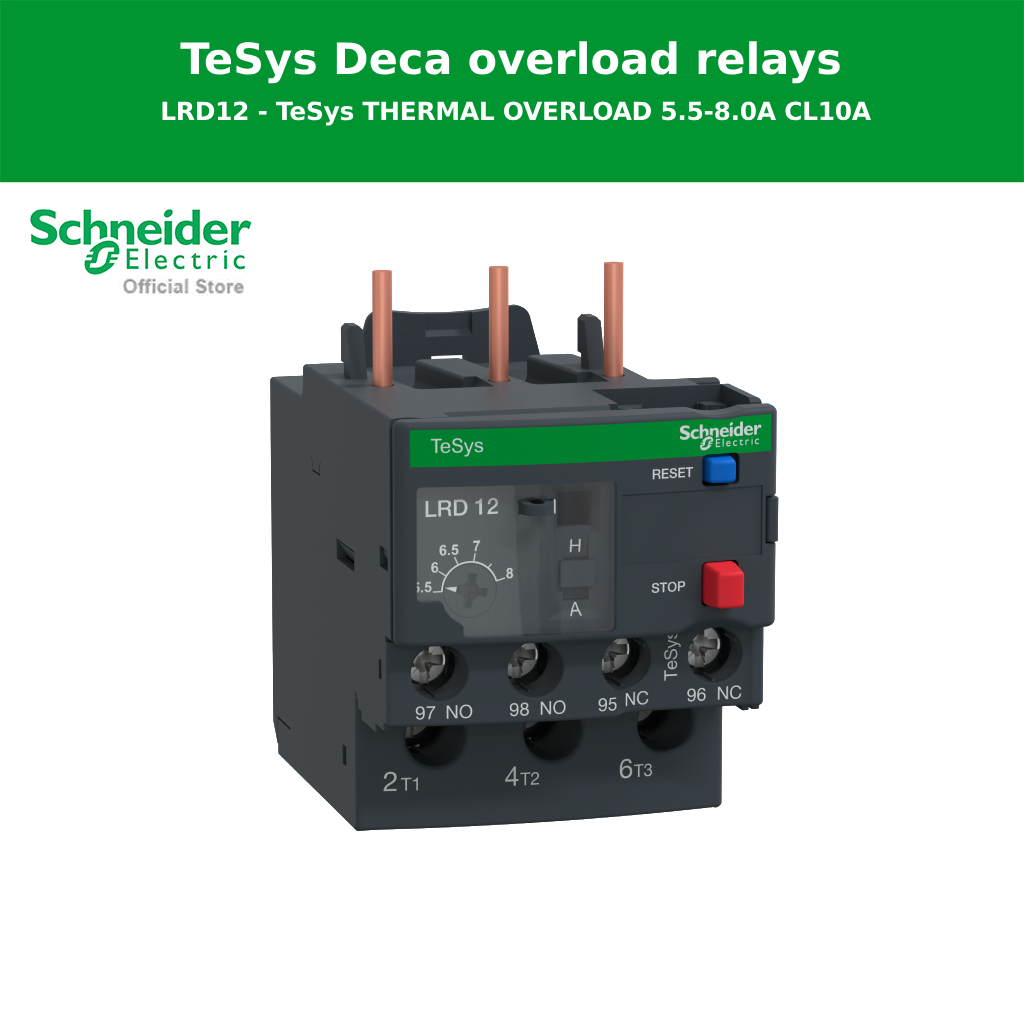 Schneider Electric Thermal overload relay,รุ่น Tesys Deca,5.5-8A,1NO+1NC,class 10A,screw clamp (LRD1