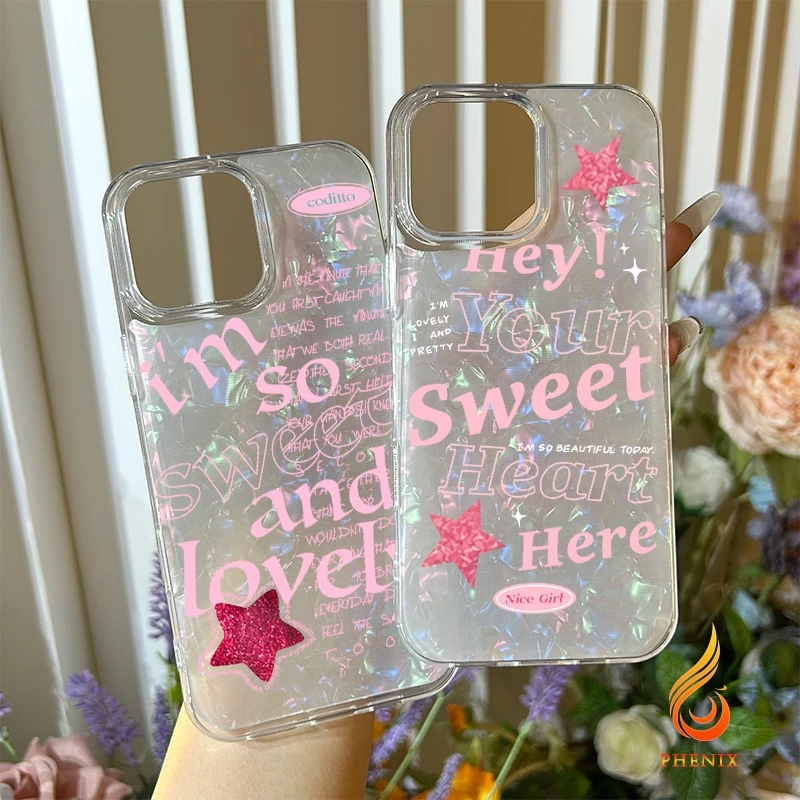 เคสไอโฟน TPU ดาว สำหรับ เคส IPhone 13 14 11 16 12 15 14 Pro Max 8 7 Plus XR XS X Max SE อักษรสีชมพู ซองโทรศัพท์