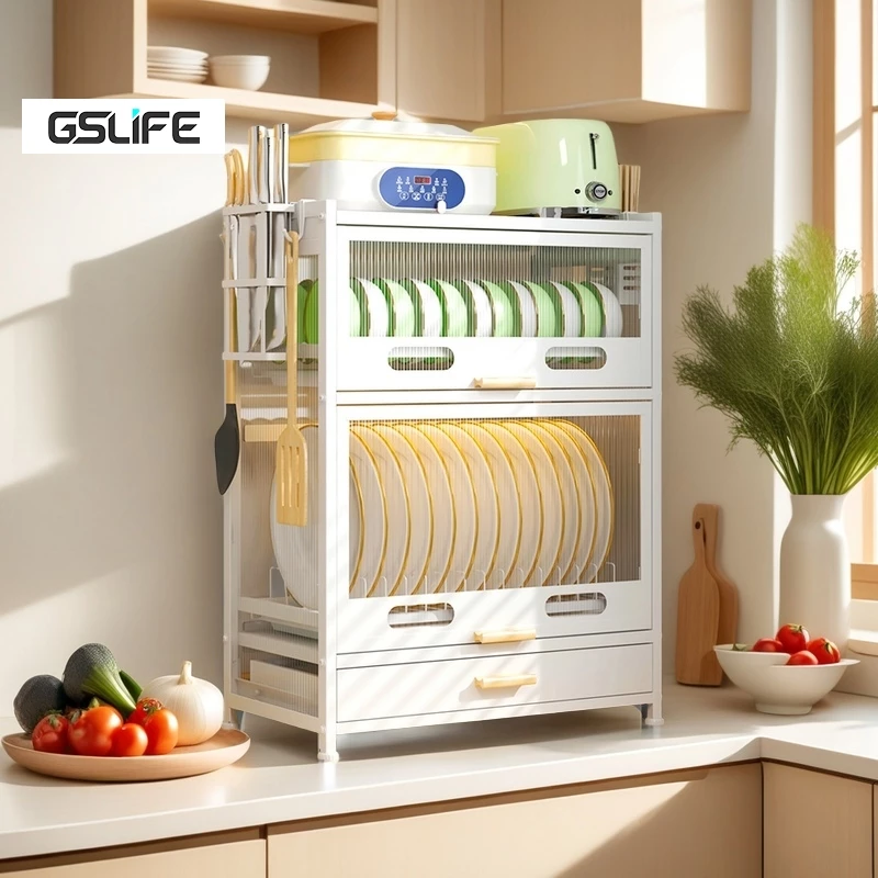 GSlife ชั้นวางจานคร่อมไมโครเวฟ แบบลิ้นชัก ตู้วางของครัวพร้อมถาดรองน้ำ ชั้นวางของในครัว กันฝุ่น
