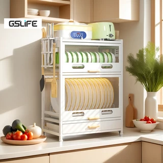 GSlife ชั้นวางจานคร่อมไมโครเวฟ แบบลิ้นชัก ตู้วางของครัวพร้อมถาดรองน้ำ ชั้นวางของในครัว กันฝุ่น