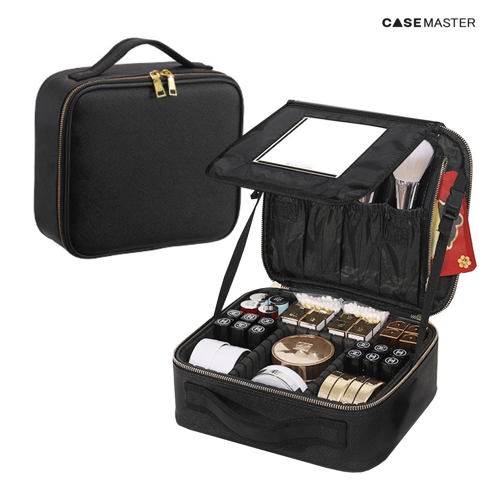 BT216 กระเป๋าเครื่องสำอางแบ่งช่องสีดำ Makeup Bag with organizer ซิปทอง หนังแคนวาส ขนาด S