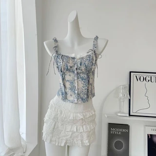 Cicishop(J1768)เสื้อสายเดี่ยว detail กระดุมแต่งด้านหน้าสายไม่สามารถปรับได้มีแต่งลูกไม้เล็กๆมินิลูกคุณหนูลูกคุณใจ