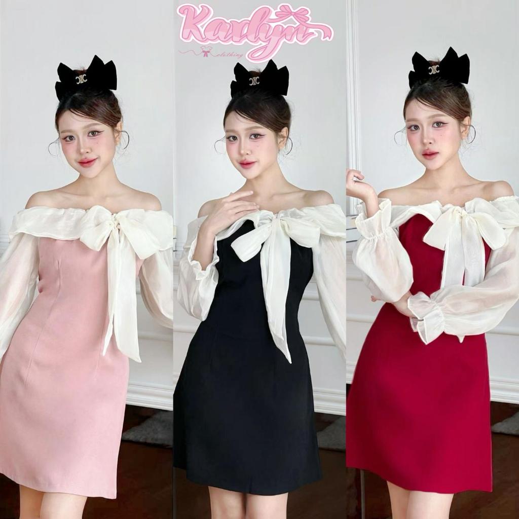 【Karlyn】FZ-CC-H28# เดรสสั้นแขนยาว ชีฟองเปิดไหล่ ผูกโบว์ สวยปัง ลุคคุณหนูสุดๆ