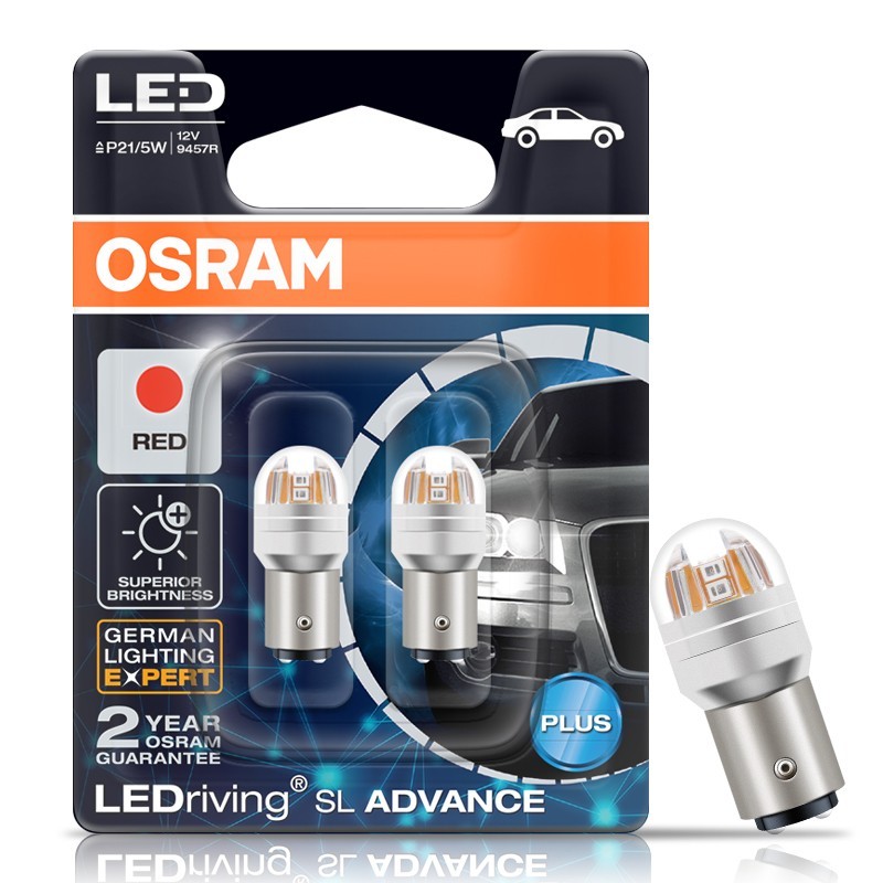 OSRAM หลอดไฟ LED ขั้วเขี้ยวตรง P21/5W 12V 2/0.2W รุ่น SL ADVANCE (ไฟ 2จุด) แสงสีแดง (9457R)