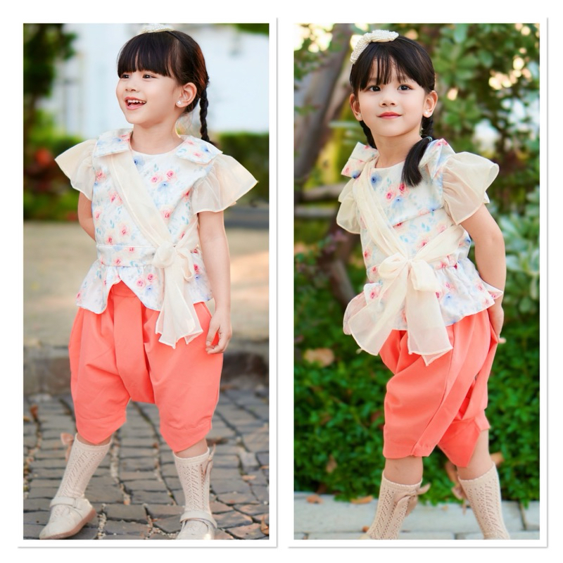 FAMNISTA ชุดไทยเด็กผู้หญิง/งานสวยตรงปก ผ้านุ่มลื่น ใส่สบาย ลายกุหลาบจูเลียต ชุดไทยไปโรงเรียน ชุดไทยงานแต่ง ชุดไทยไปทำบุญ