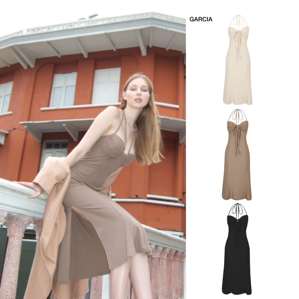 PETCHPLOY - Garcia dress ชุดเดรสคอวี คล้องคอ กระโปรงยาว พอดีตัว ผ้าซาติน ใส่ได้ทั้งสไตล์ทางการและแคชชวล