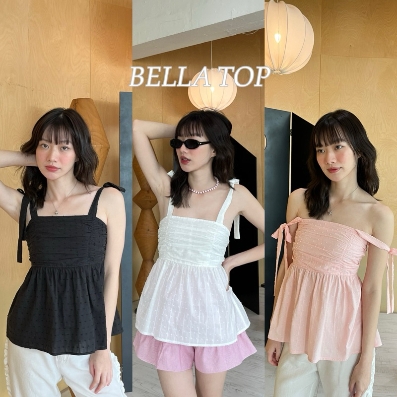 BELLA TOP -  เสื้อแขนกุดแขนผูกโบว์ ช่วงอกจับจีบสม้อคหลัง (nita.bkk)