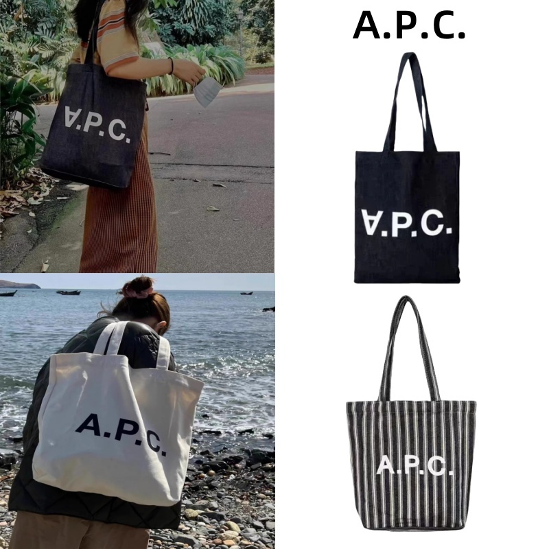 🇰🇷A.P.C./apc Laure Tote Bag Blue กระเป๋าผ้าใบความจุขนาดใหญ่กระเป๋าสะพายกระเป๋าผ้าใบกระเป๋า APC TOT