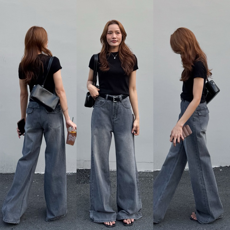 Smoky Jeans สีดำเทาแต่งฟอก มีดีเทลแต่งกระเป๋าด้านหลังปิด