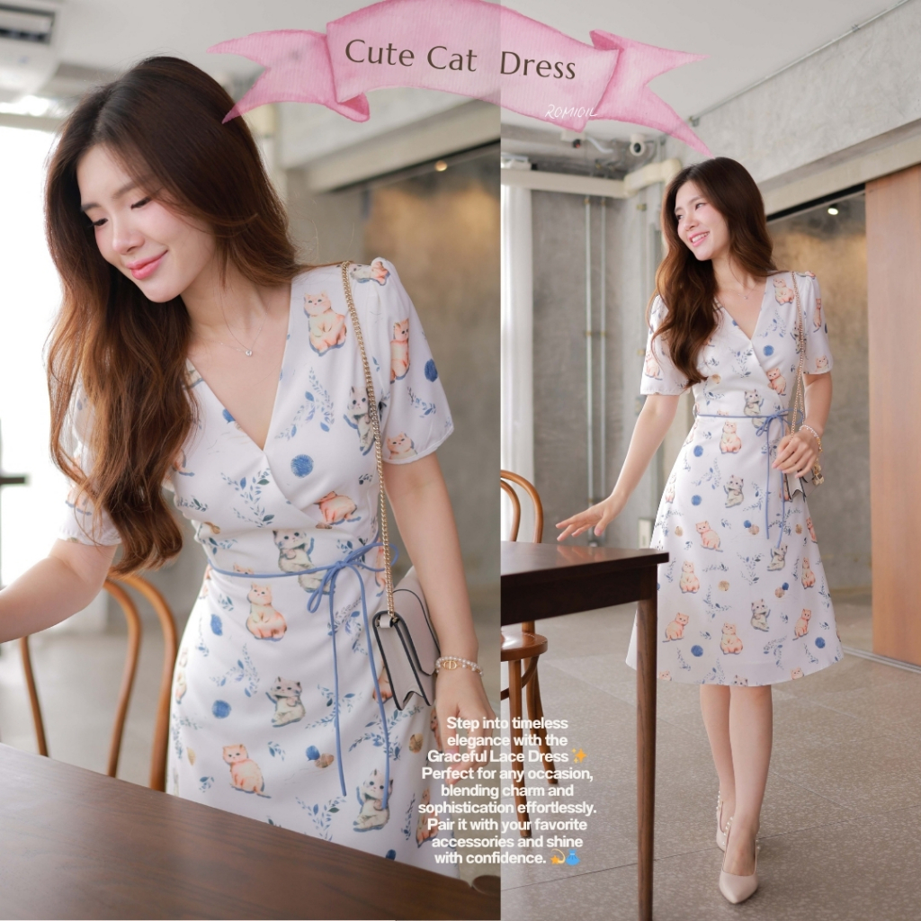 "Romi"Oil" Cute Cat  Dress (White) G137 ชุดเดรสสีขาว ลายแมว (คอป้ายมีเชือก)