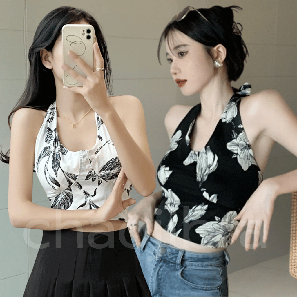 เสื้อคล้องคอลายดอก B-149 เสื้อแฟชั่นผู้หญิง โชว์หลังผูกคอ เสริมฟองน้ำ ผ้านิ่มใส่สบาย ดีไซน์เซ็กซี่ แมทได้ทุกลุค