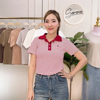 Serene's Choice เสื้อคอโปโลกระดุม ผ้าร่องลายทาง แต่งทูโทน ปักโลโก้ 34/38/42 นิ้ว Short Sleeve Polo Shirt