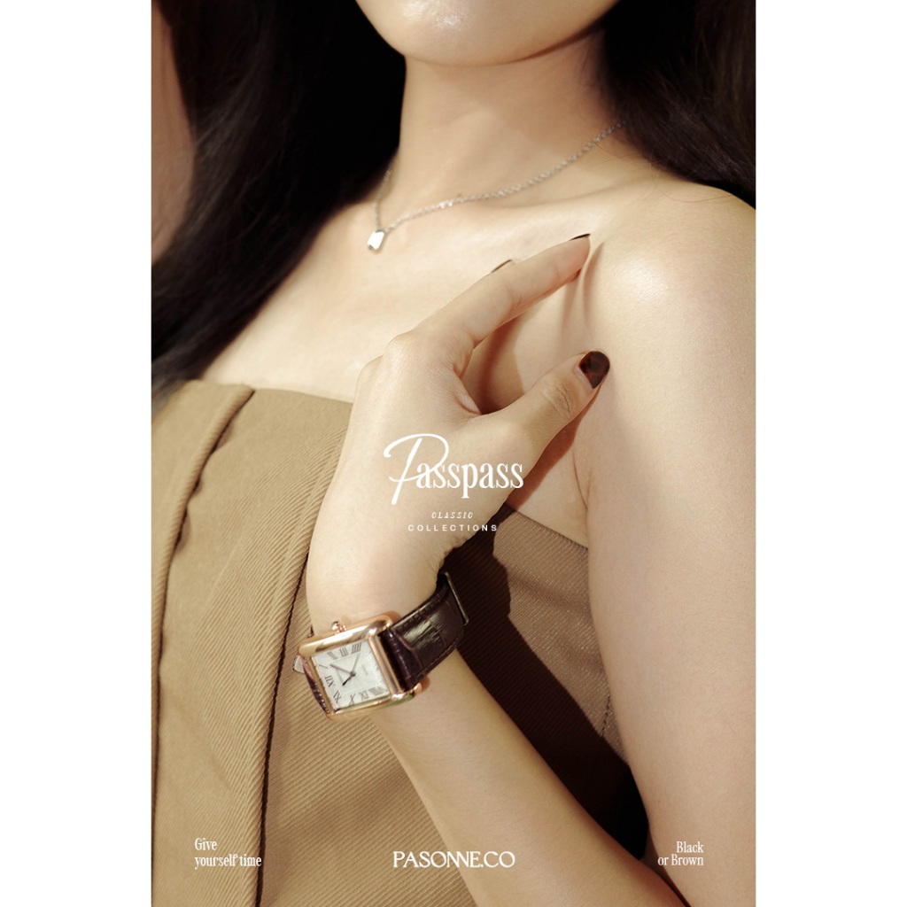pasonne.co นาฬิกาข้อมือ ทรงผืนผ้า รุ่น passpass สายสีดำและน้ำตาล เหมาะกับรอบข้อมือใหญ่