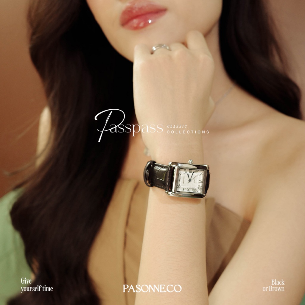 pasonne.co นาฬิกาข้อมือ ทรงผืนผ้า รุ่น passpass สายสีดำและน้ำตาล เหมาะกับรอบข้อมือใหญ่