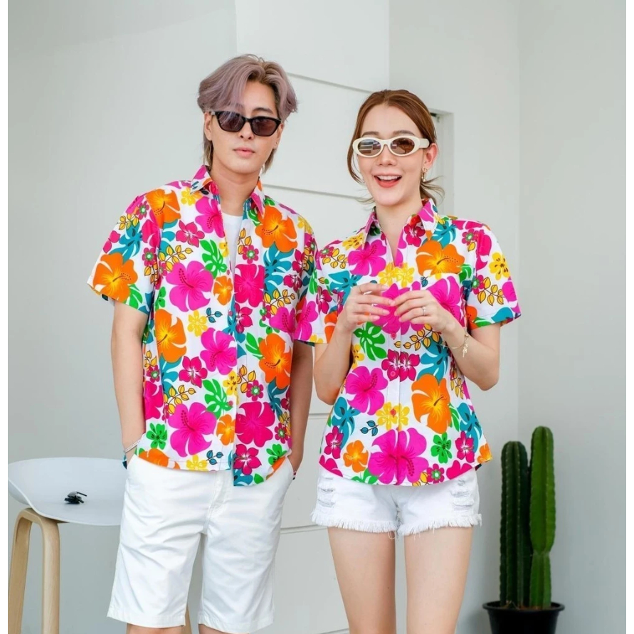 เสื้อสงกรานต์ลายดอกไม้ เสื้อฮาวายคอปก ใส่ได้ทั้งหญิงและชาย  ใส่สบายไม่ร้อน