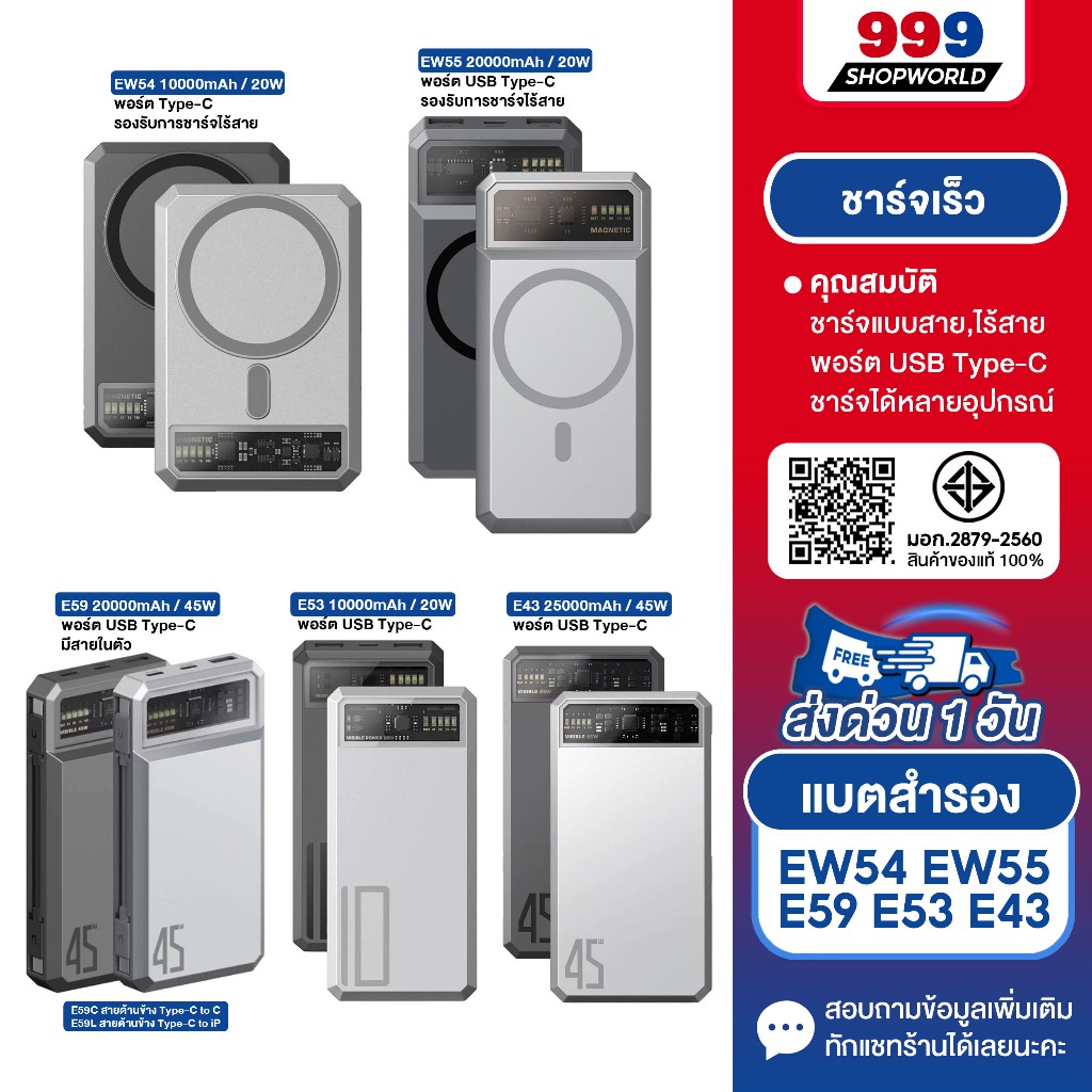[ส่งเร็ว ส่งไว] Orsen by Eloop EW54 EW55 E53 E43 E59 พาวเวอร์แบงค์ ชาร์จไร้สาย  PowerBank Wireless C