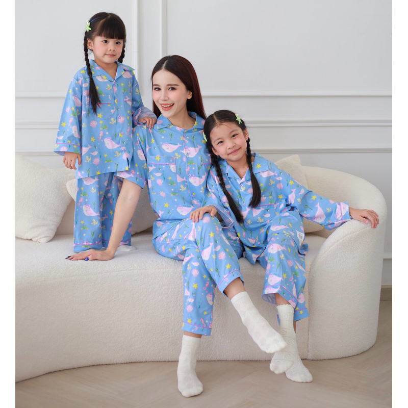 [ ส่งฟรี   ]  ชุดนอน ลายน้องวาฬ สีฟ้า ชุดครอบครัว mildPaint
