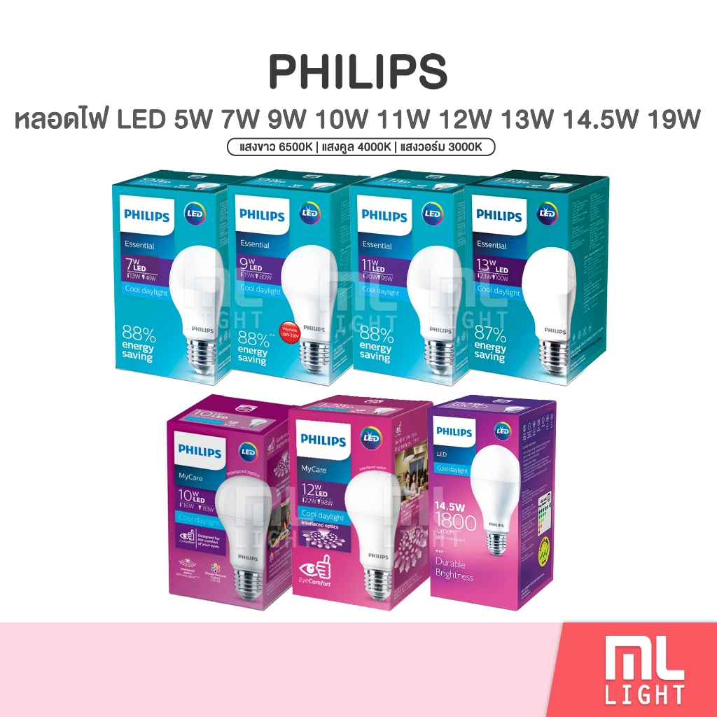 Philips หลอดไฟ blub LED 5W 7W 9W 11W 10W 12W 13W 14.5W 19W ขั้วหลอดไฟ E27