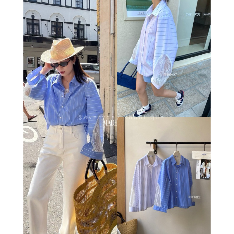 •••NEW••• STRIPE SHIRT 75302🤍💙 เสื้อเชิ้ตลายริ้ว แขนแต่งฉลุลูกไม้ ผ้าดี **งานป้ายMADEINOST🇰🇷**thouse