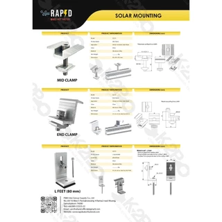 อุปกรณ์ติดตั้ง แผงโซล่าเซลล์ end clamp ,mid clamp, L-feet, rail splice, ground lug, ขาปรับองศา ตัวยึดรางซีแพค ฯลฯ