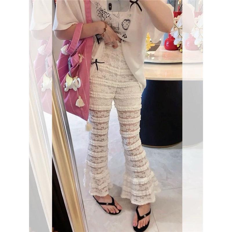 กางเกงขาม้าเนื้อผ้าลูกไม้ยืดได้ แต่งลายดอกกุ๊นลาย เอวเป็นยางยืด #2817