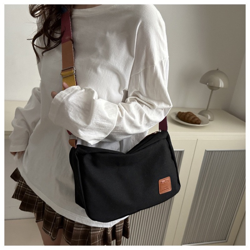 🔥 กระเป๋าสะพายข้าง กระเป๋าผ้า สไตล์เกาหลี แฟชั่นมา จุของได้เยอะ สไตล์เกาหลี เรียบง่าย มีซิป - รูปที่ 3
