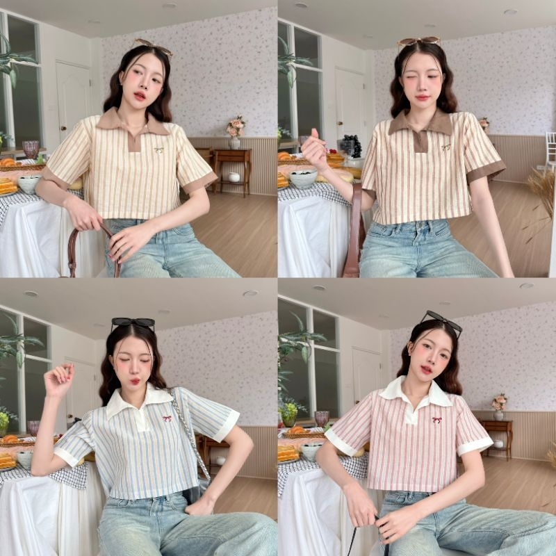 เสื้อครอปคอปกตัดสีแขนสั้นลายทางปักโบว์