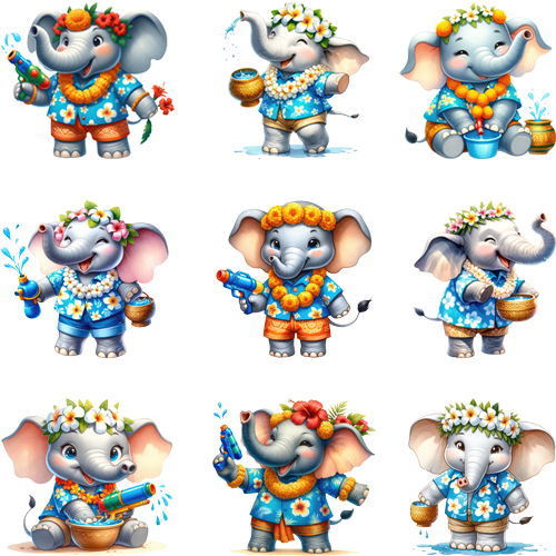 ลายการฺ์ตูนช้าง Elephant-Songkran-Festival 159.F.335  ตัวรีดติดเสื้อ  รีดง่ายติดได้ทุกเนื้อผ้า