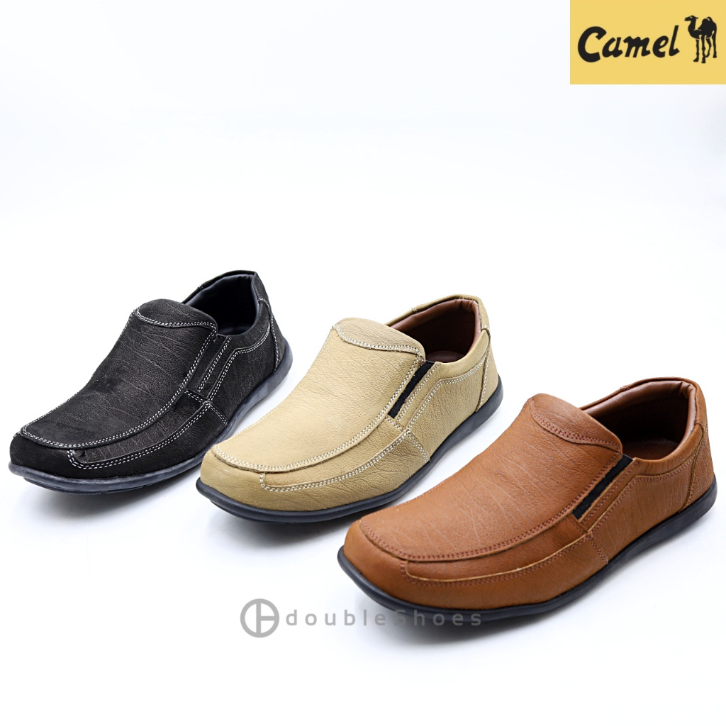 Camel (CM128) รองเท้าคัทชูชาย หนังแท้ หนังลายช้าง พื้นนุ่ม เย็บพื้น สีดำ , สีน้ำตาล , สีครีม ไซส์ 40-45