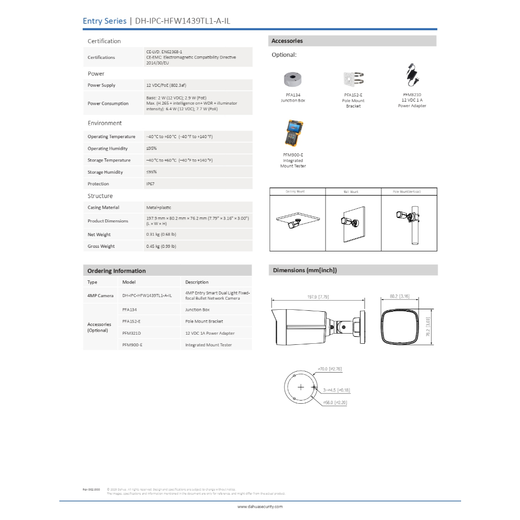 DAHUA กล้องวงจรปิด PoE 4MP มีไมค์ในตัว Smart Dual Light รุ่น IPC-HFW1439TL1-A-IL 3.6mm