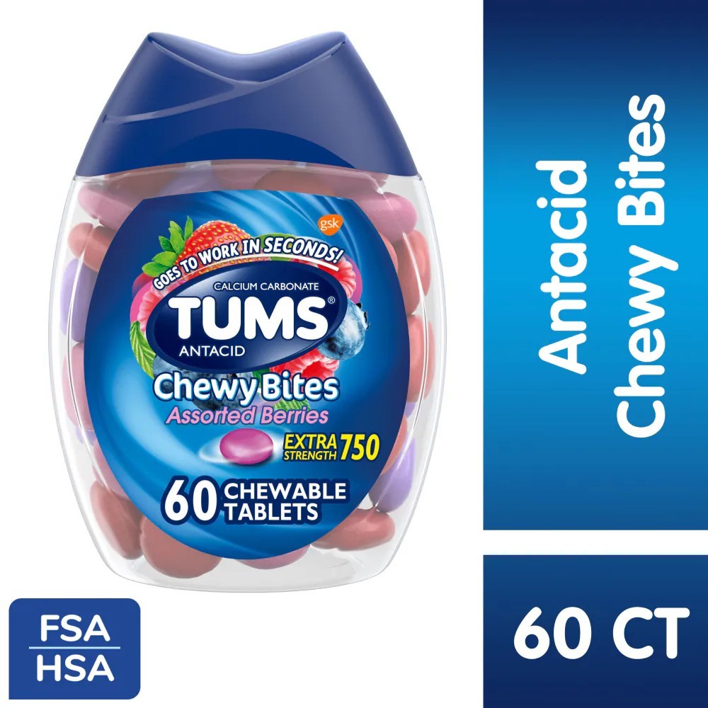 Tums Antacid Chewy Bites, Assorted Berries, 60 Chewable Tablets 60 Count เม็ดเคี้ยว กรดไหลย้อน 60เม็