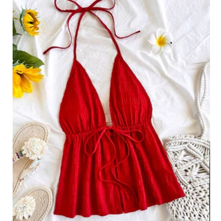 Crop TC2443 เสื้อคล้องคอ ผูกหน้า คอวี เปิดหลัง