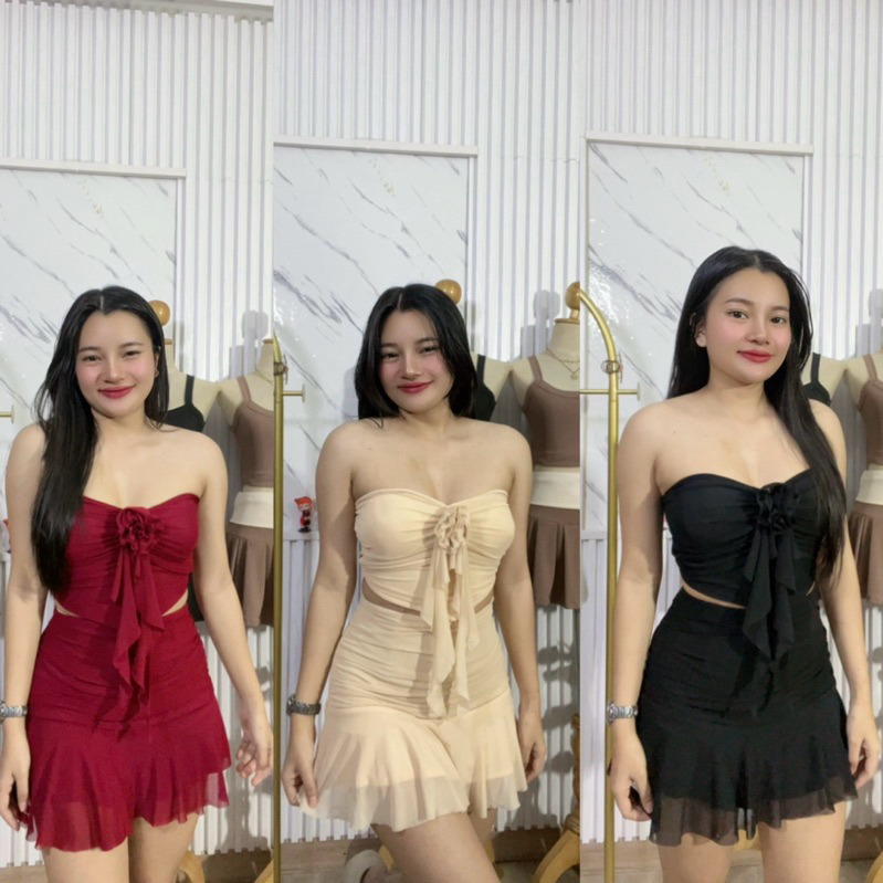 Ellee-เซ็ทเกาะอกกระโปรงผ้าซีทู ซับในทั้งตัว sm-lxl ชุด
